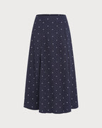 Navy Polka Dot Midi Skirt with Slit