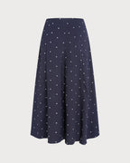 Navy Polka Dot Midi Skirt with Slit
