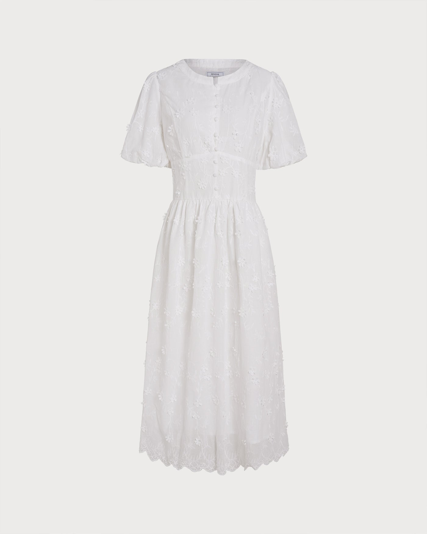 Floral Midi Dress with White Round Neck