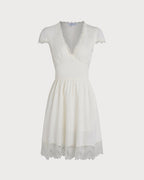 Apricot V-Neck Mini Dress with Lace Accents