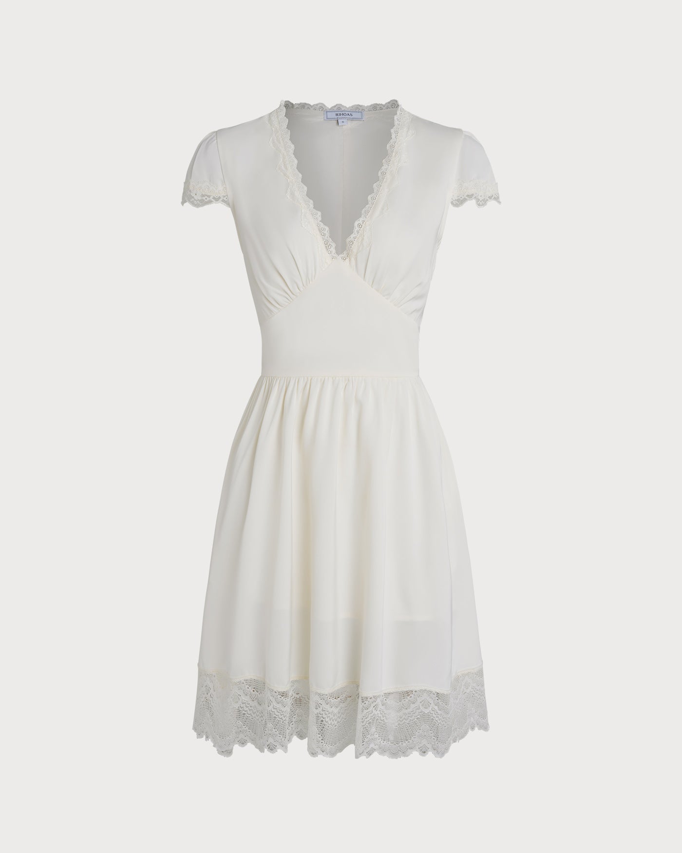 Apricot V-Neck Mini Dress with Lace Accents