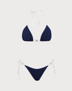 Blue Halter Bikini Set with Contrasting Details