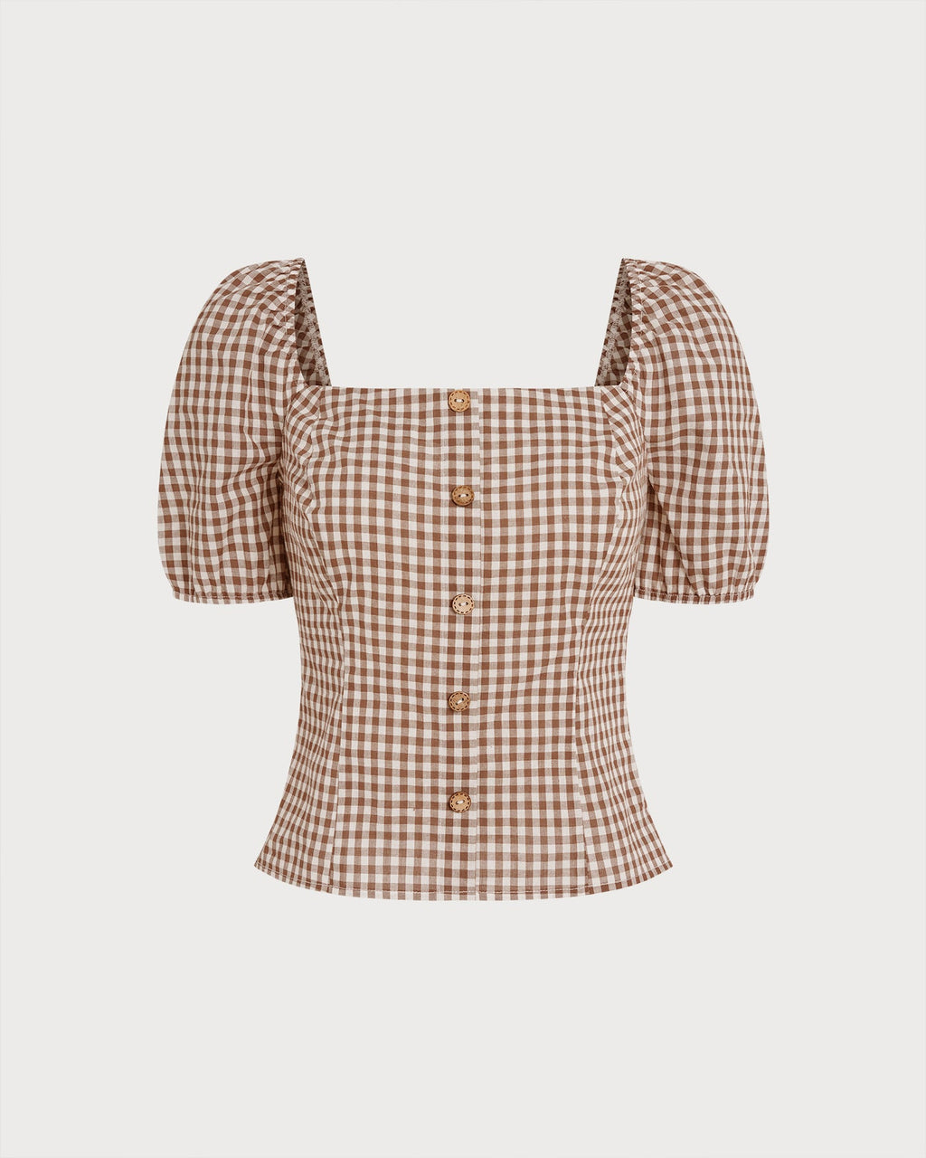 Plaid Blouse with Puffed Sleeves and Square Neck in Brown