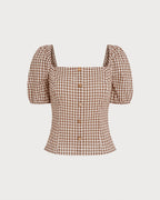 Plaid Blouse with Puffed Sleeves and Square Neck in Brown