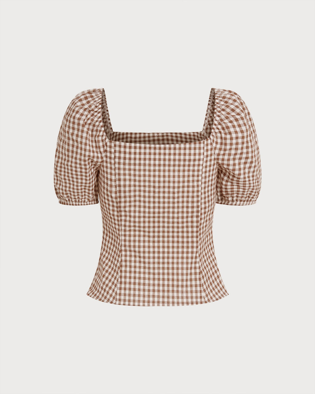 Plaid Blouse with Puffed Sleeves and Square Neck in Brown