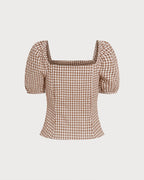 Plaid Blouse with Puffed Sleeves and Square Neck in Brown