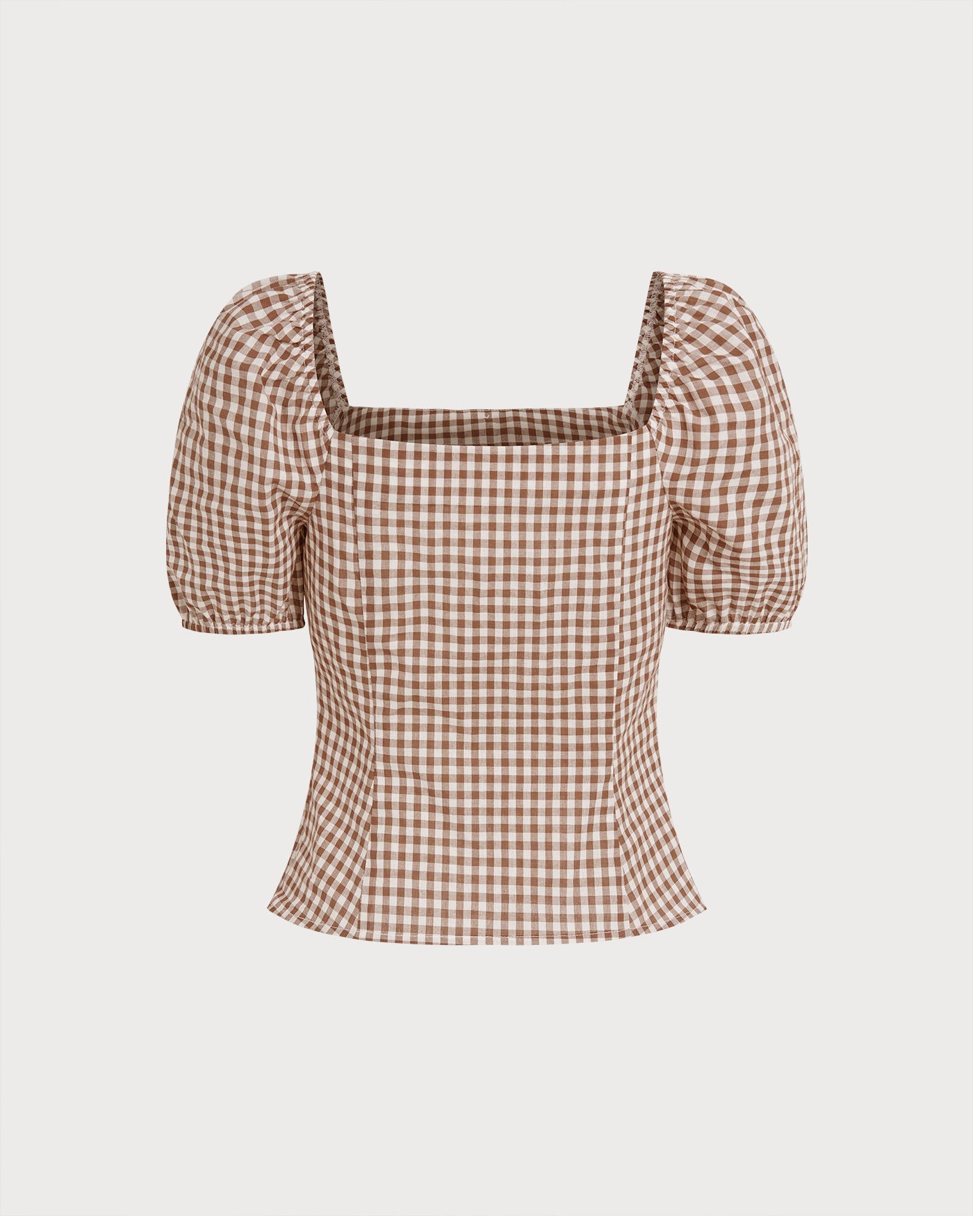 Plaid Blouse with Puffed Sleeves and Square Neck in Brown