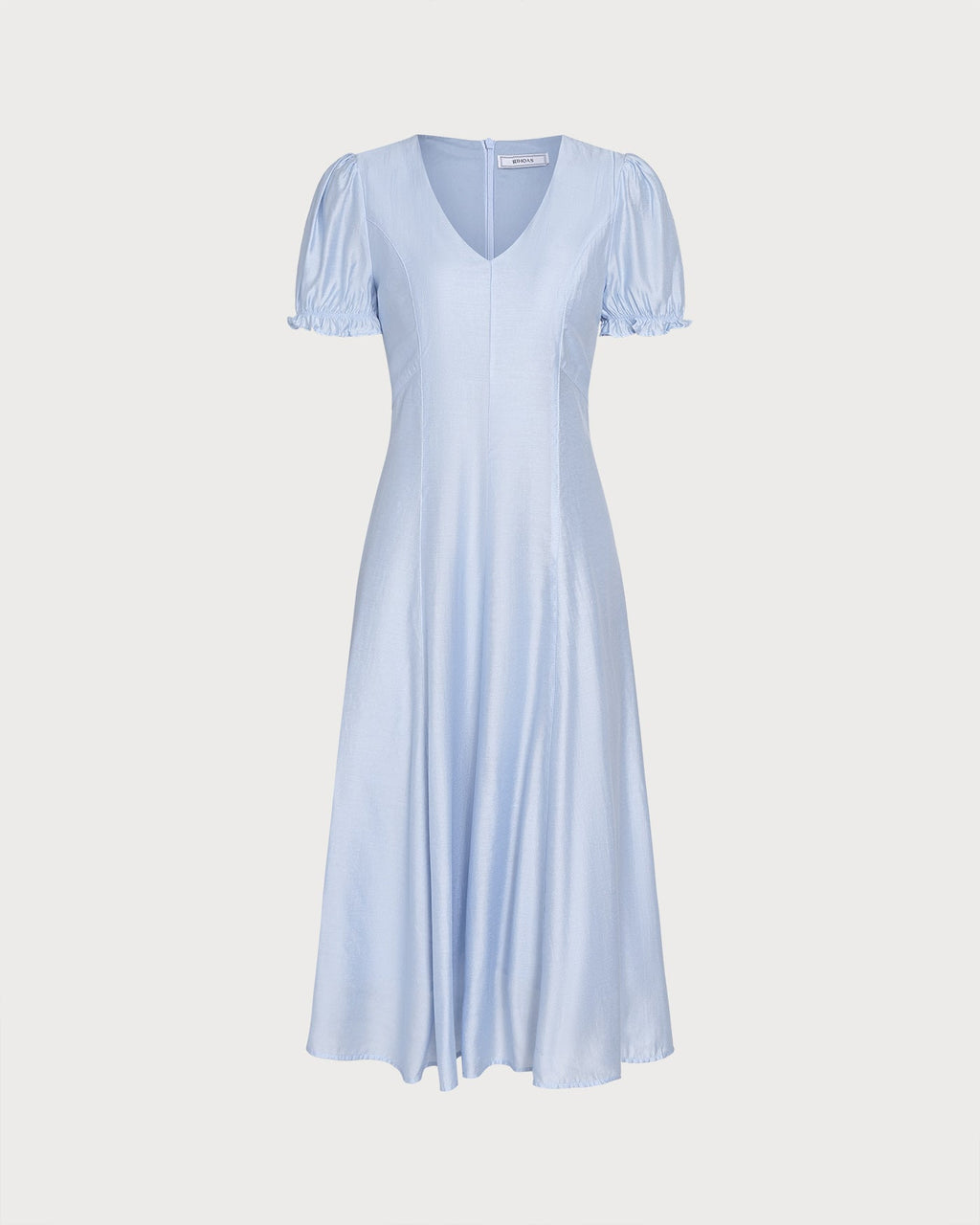 Sheer Blue V-Neck Midi Dress with Zipper Detail