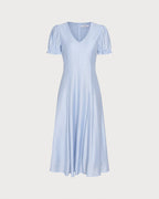 Sheer Blue V-Neck Midi Dress with Zipper Detail