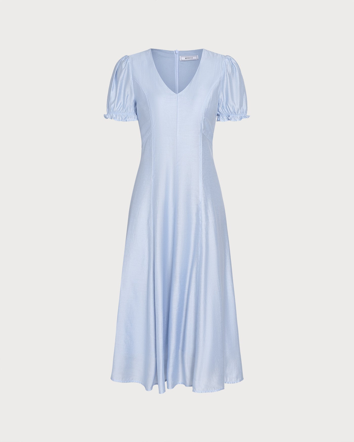 Sheer Blue V-Neck Midi Dress with Zipper Detail