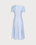 Sheer Blue V-Neck Midi Dress with Zipper Detail