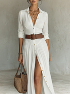 Weißes Leinen Faltenkleid Maxi