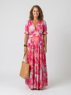 Ione | Kurzärmliges V-Ausschnitt Blumen-Midi-Kleid