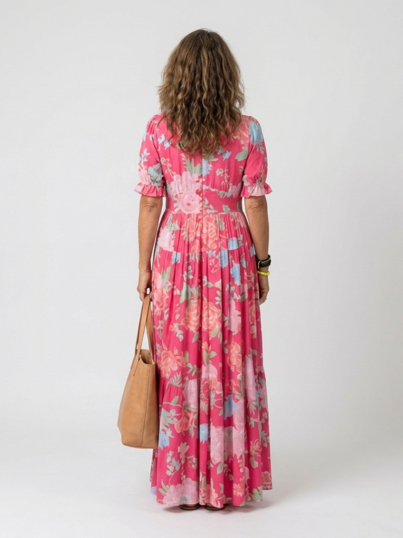 Ione | Kurzärmliges V-Ausschnitt Blumen-Midi-Kleid