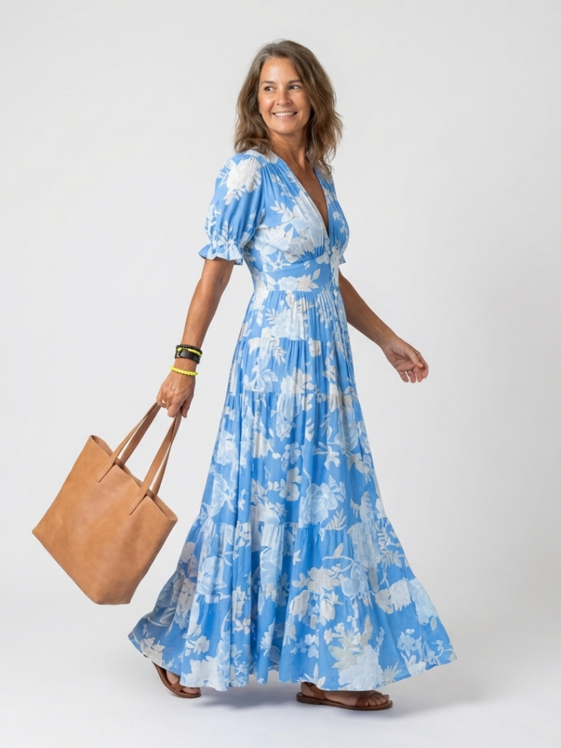 Ione | Kurzärmliges V-Ausschnitt Blumen-Midi-Kleid