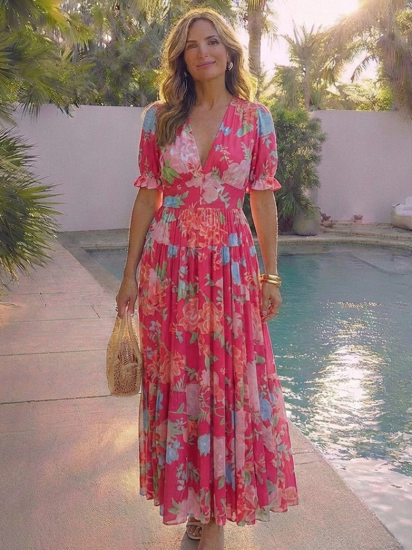 Ione | Kurzärmliges V-Ausschnitt Blumen-Midi-Kleid