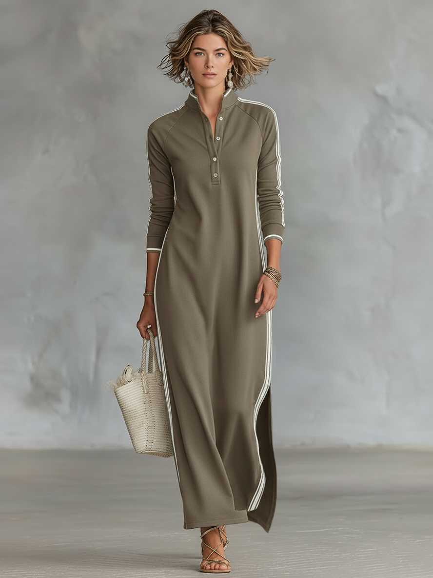 Laura | Sweat Maxikleid Knopfkragen Weißer Saum