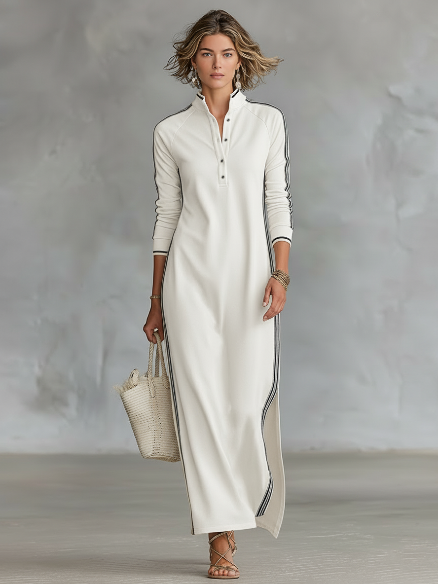 Laura | Sweat Maxikleid Knopfkragen Weißer Saum