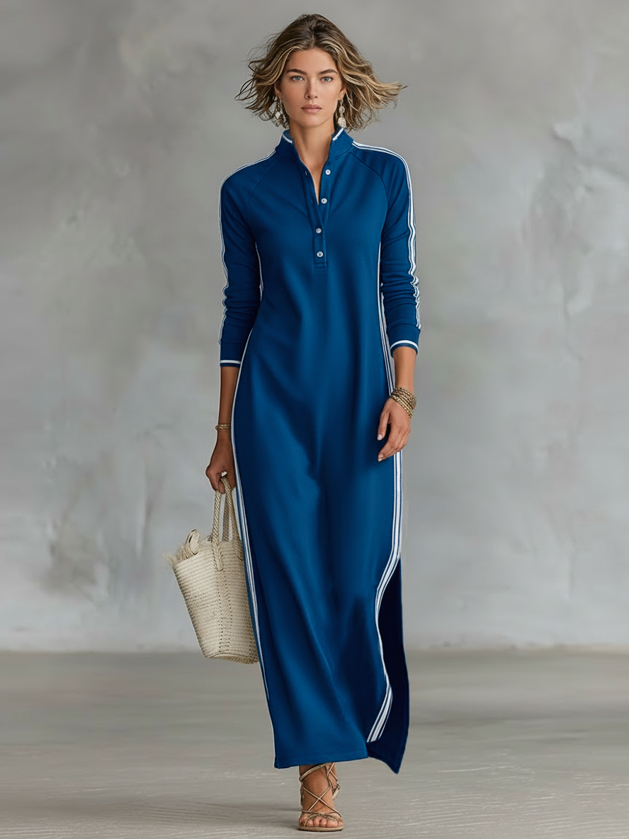Laura | Sweat Maxikleid Knopfkragen Weißer Saum
