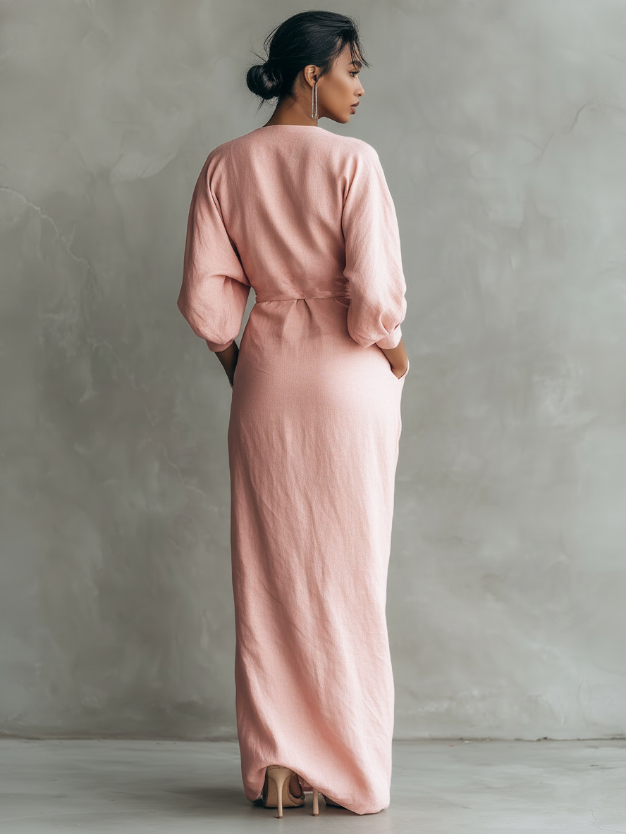 Rosa Leinen Maxi Kleid V-Hals