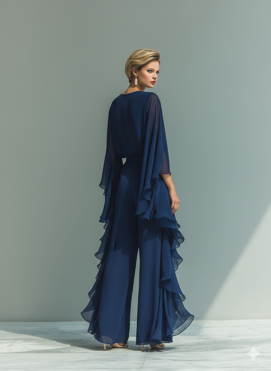 Clara | Marineblaues Chiffon Set Rüschen Hose