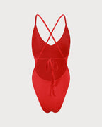 Crimson Ribbed Cross-Back One-Piece Swimsuit