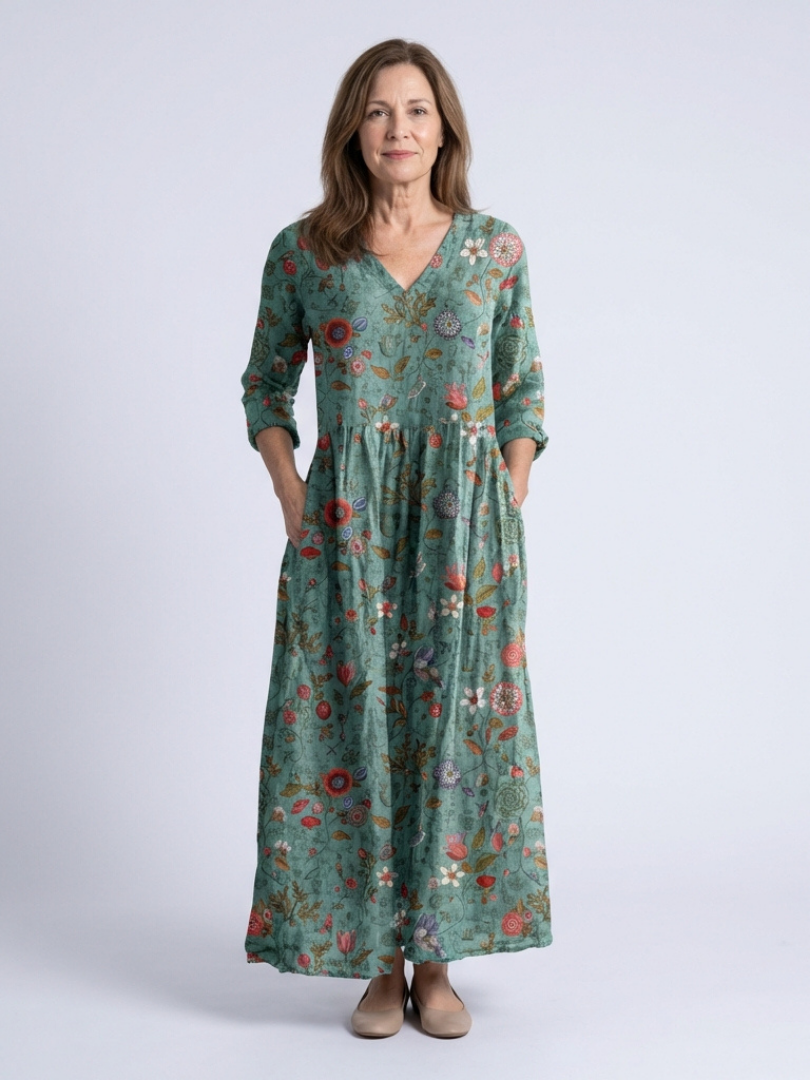 Marina | Florales V-Ausschnitt Maxikleid mit Dreiviertelärmel