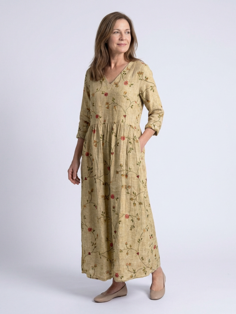 Marina | Florales V-Ausschnitt Maxikleid mit Dreiviertelärmel