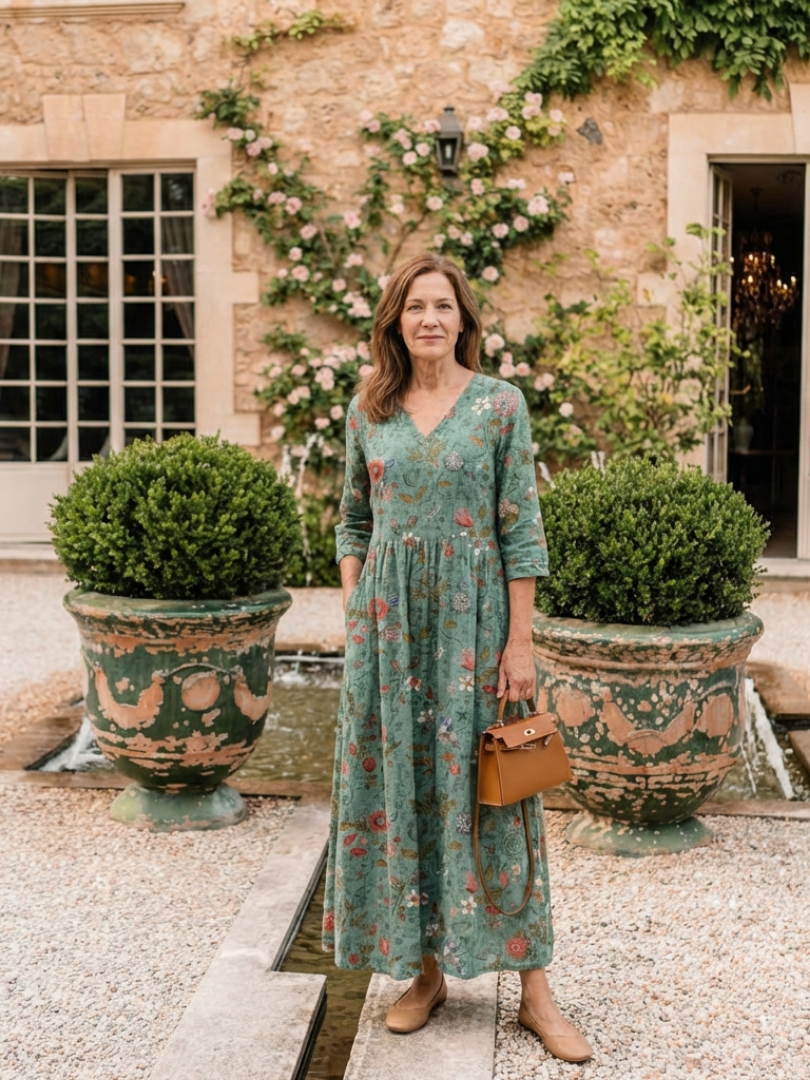 Marina | Florales V-Ausschnitt Maxikleid mit Dreiviertelärmel