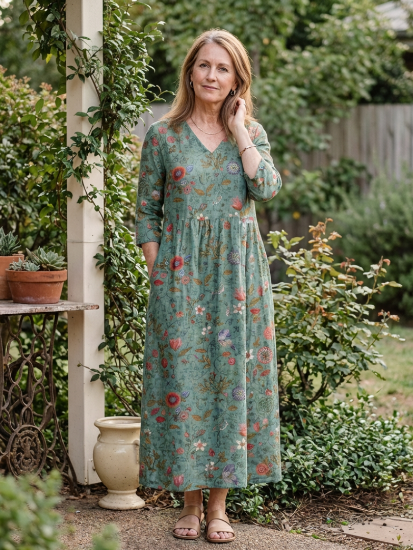 Marina | Florales V-Ausschnitt Maxikleid mit Dreiviertelärmel