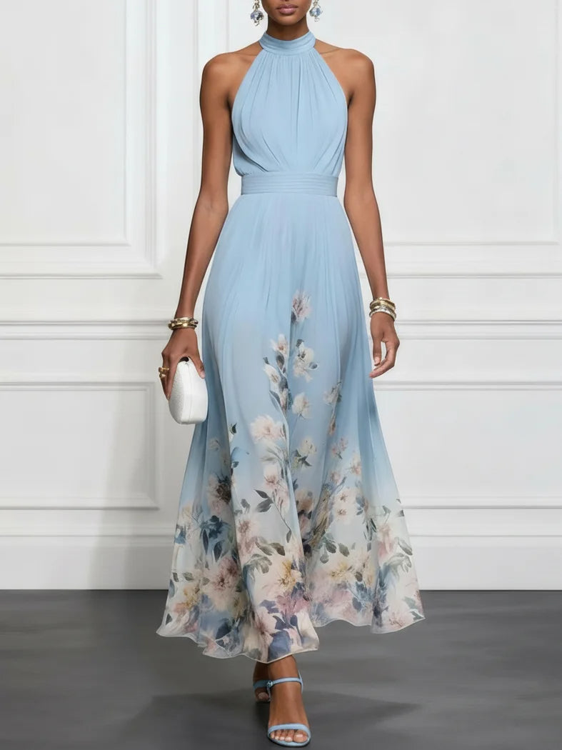 Rosalyn | Blaues Floral Chiffon Halter Maxikleid