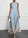 Rosalyn | Blaues Floral Chiffon Halter Maxikleid