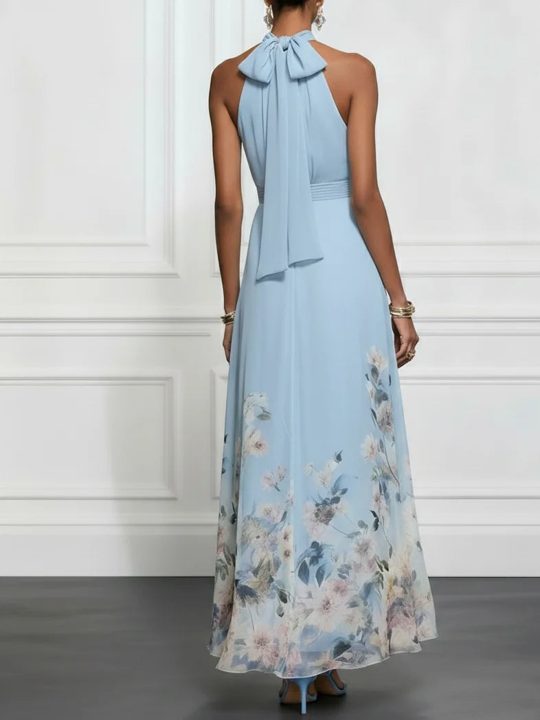 Rosalyn | Blaues Floral Chiffon Halter Maxikleid