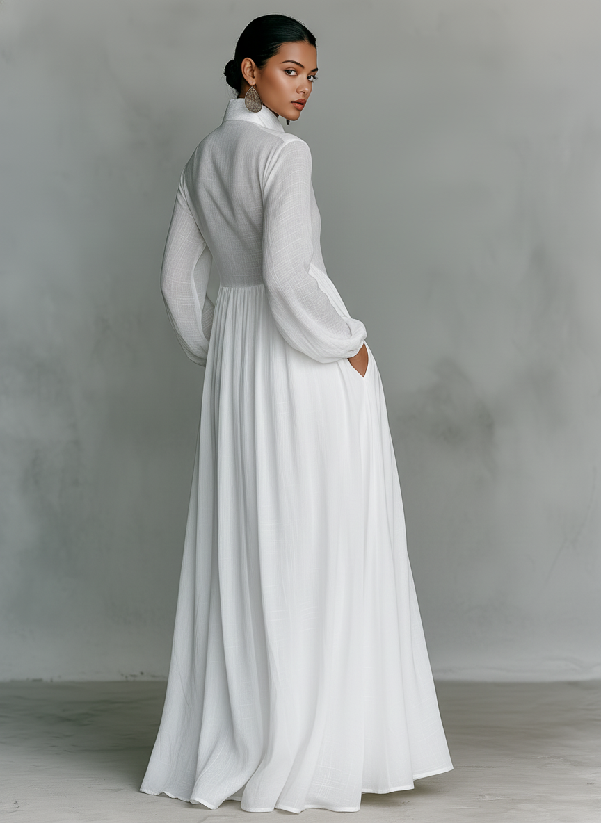 Patchwork Leinen Maxi Kleid Stehkragen