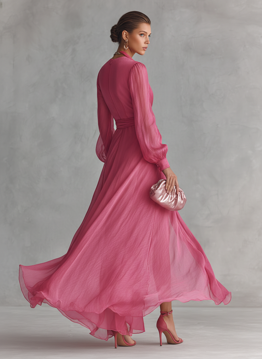 Rosa Chiffonkleid mit V-Ausschnitt