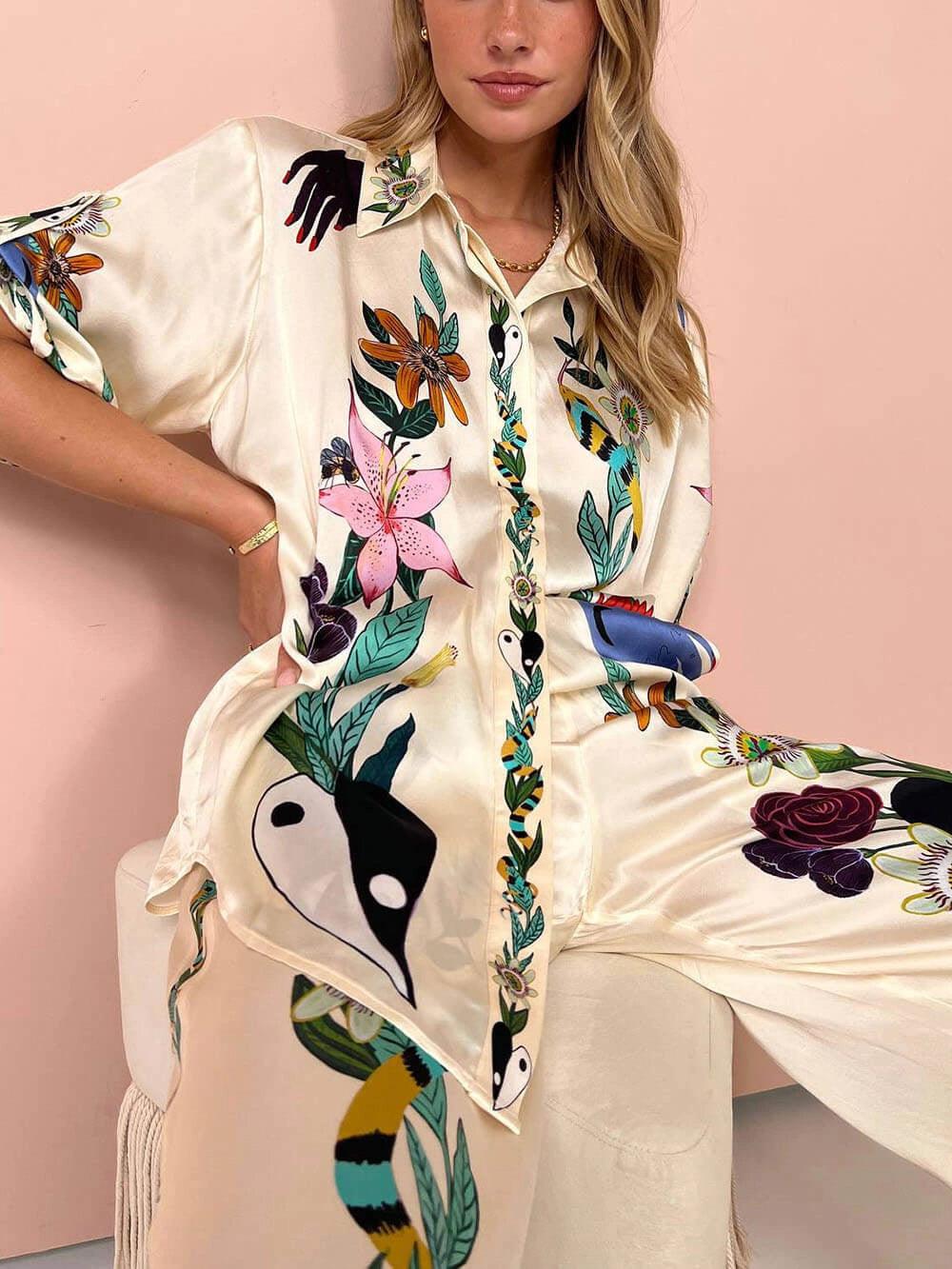 Nika | Resort Vibes Satin einzigartiges Druck-Shirt und Hosen-Set Fit