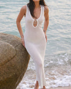 White V-Neck O-Ring Swim Cover-Up
