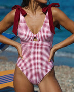 Wine Red Plaid Monokini Swimwear