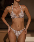 Coffee Plaid Halter Neck Bikini Set