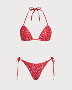 Red Floral Triangle Bikini Set with Drawstring
