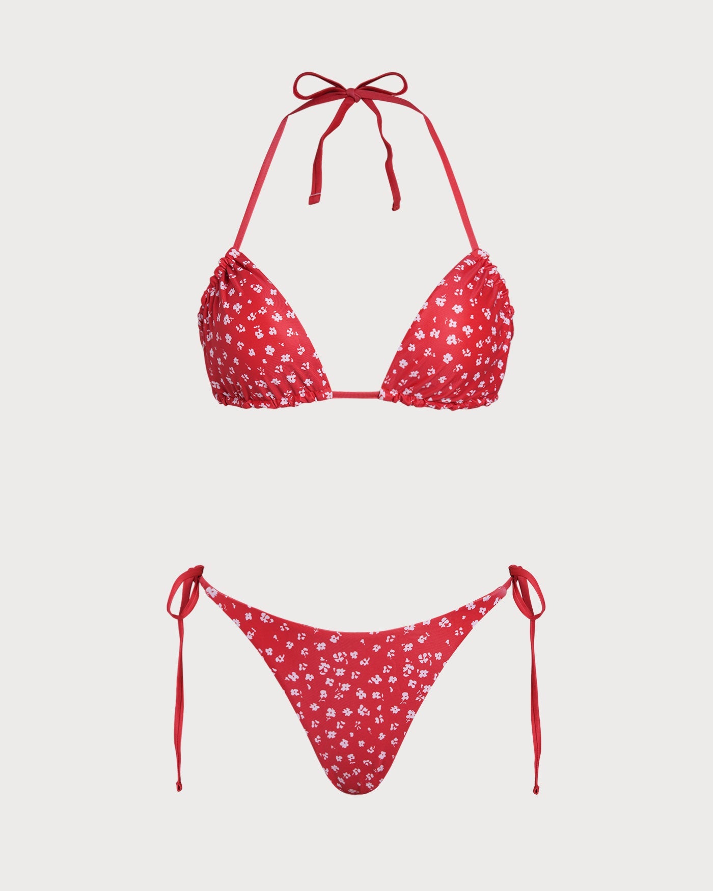 Red Floral Triangle Bikini Set with Drawstring