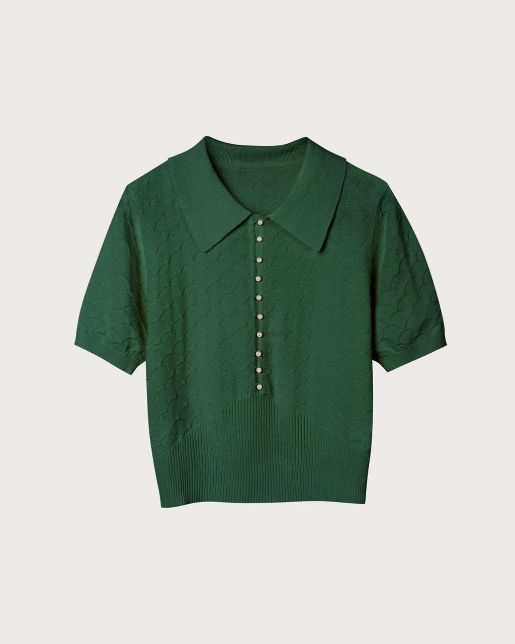 Textured Knit Tee with Short Sleeves and Lapel in Green