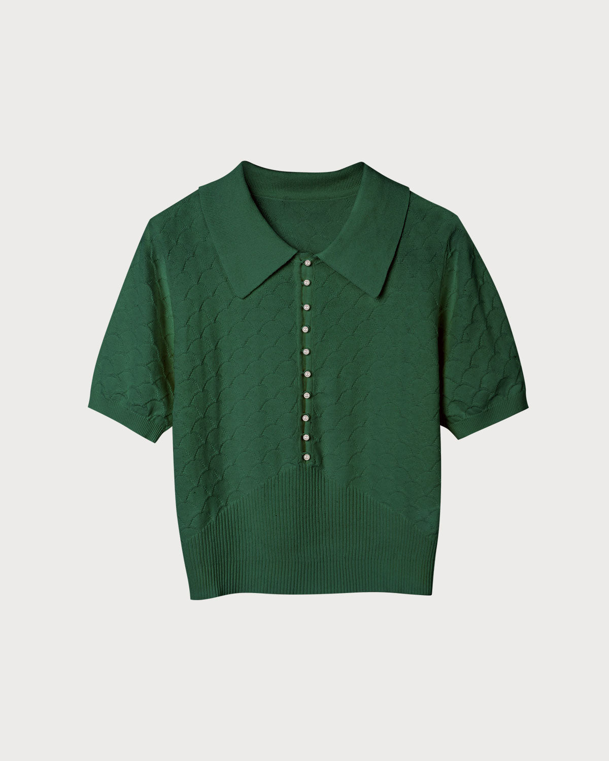 Textured Knit Tee with Short Sleeves and Lapel in Green