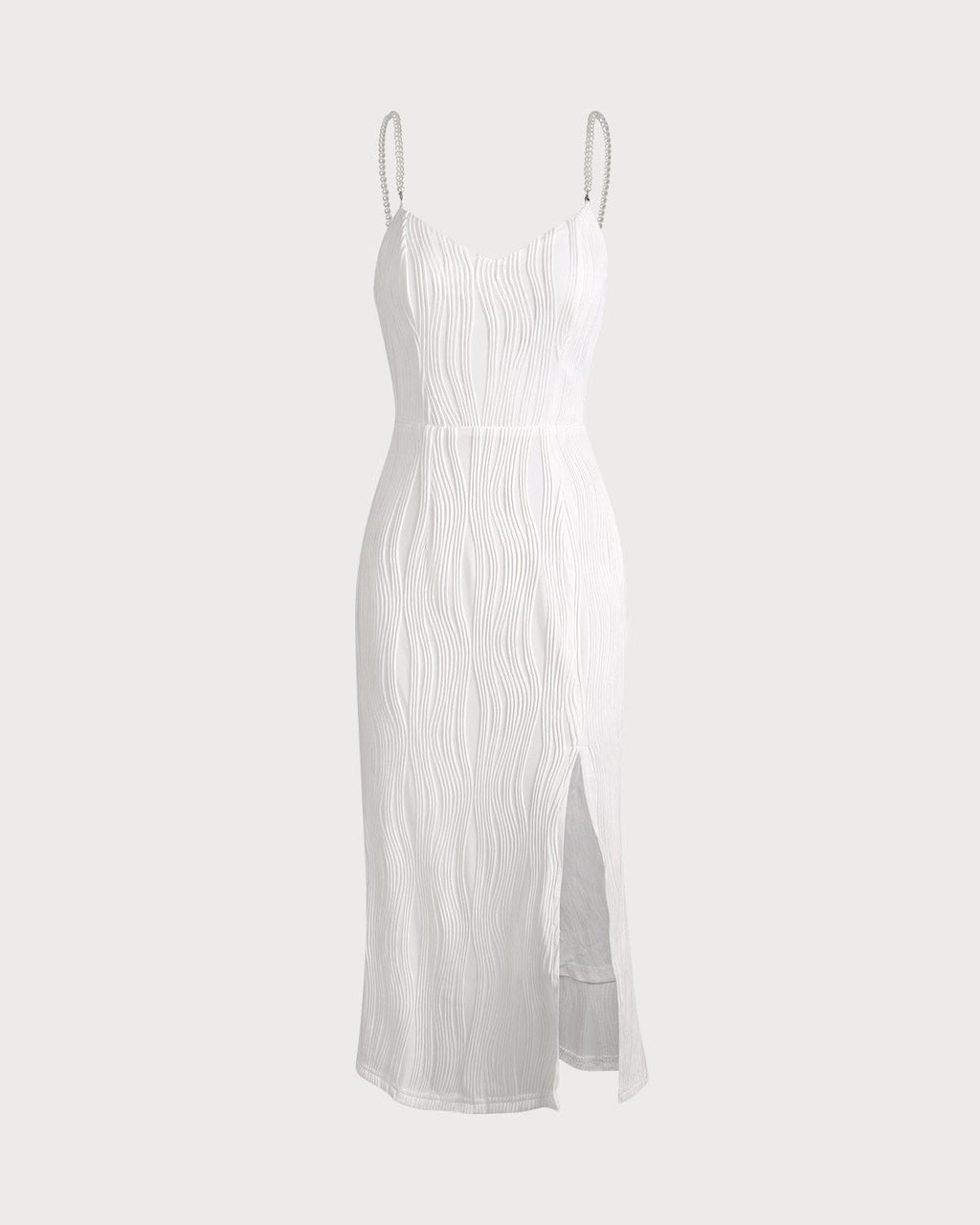 Wave-Patterned Pearl Strap Midi Dress