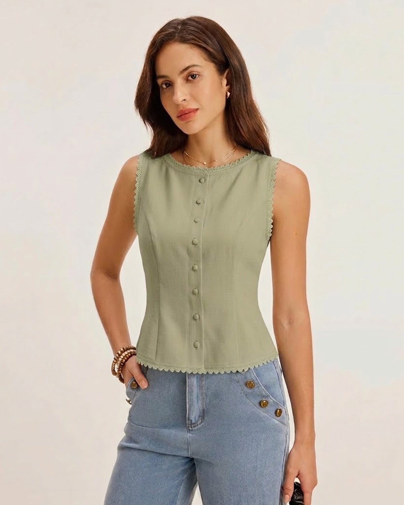 Green Boat Neck Button-Up Vest