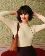 Beige Ribbed Knit Top with Mock Neck