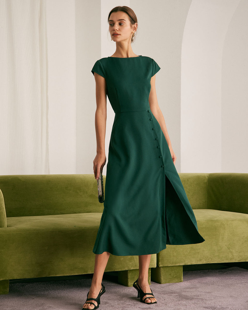 Green Boat Neck Midi Dress with Cutout Back