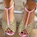 LEDER-SANDALEN MIT T-RIEGEL UND STABILEM ABSATZ