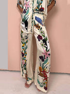 Nika | Resort Vibes Satin einzigartiges Druck-Shirt und Hosen-Set Fit