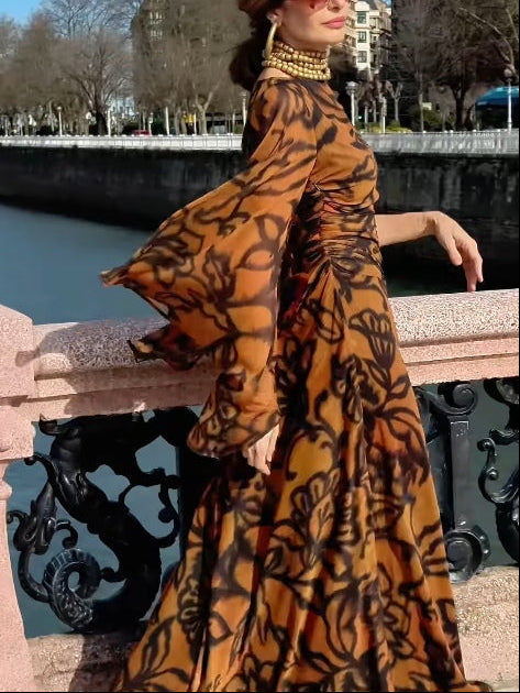 Ashley | Strand Glamour Braunes langes bedrucktes Kleid